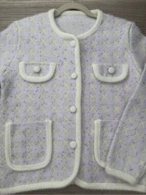 Soft Lavender Bouclé Cardigan with White Trim